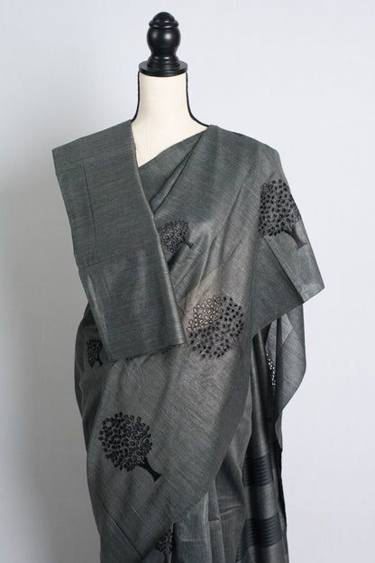 Cut Work Semi Tussar Embroidery Saree in Charcoal Black.