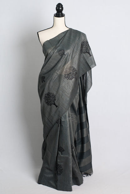 Cut Work Semi Tussar Embroidery Saree in Charcoal Black.