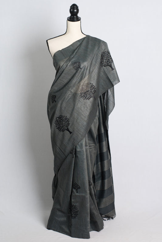 Cut Work Semi Tussar Embroidery Saree in Charcoal Black.