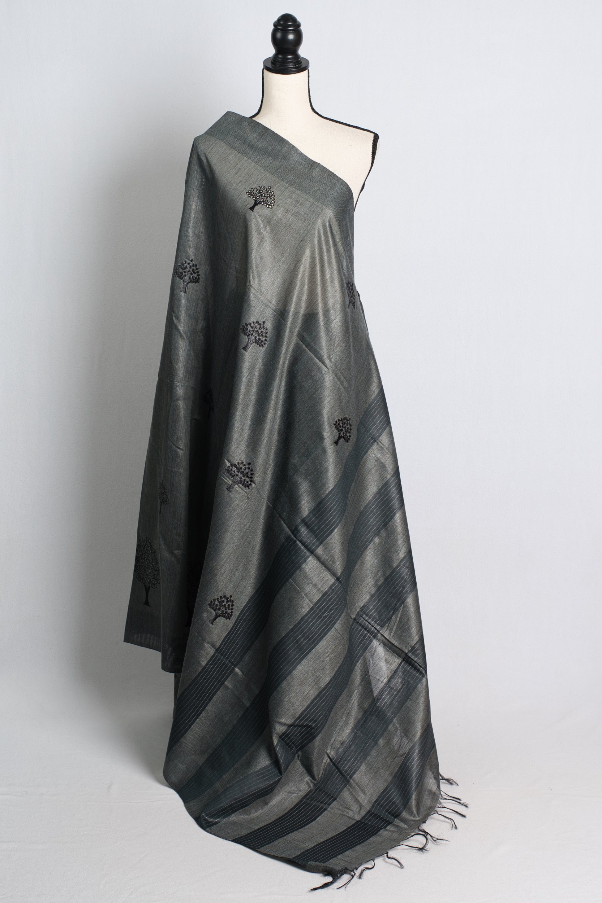 Cut Work Semi Tussar Embroidery Saree in Charcoal Black.