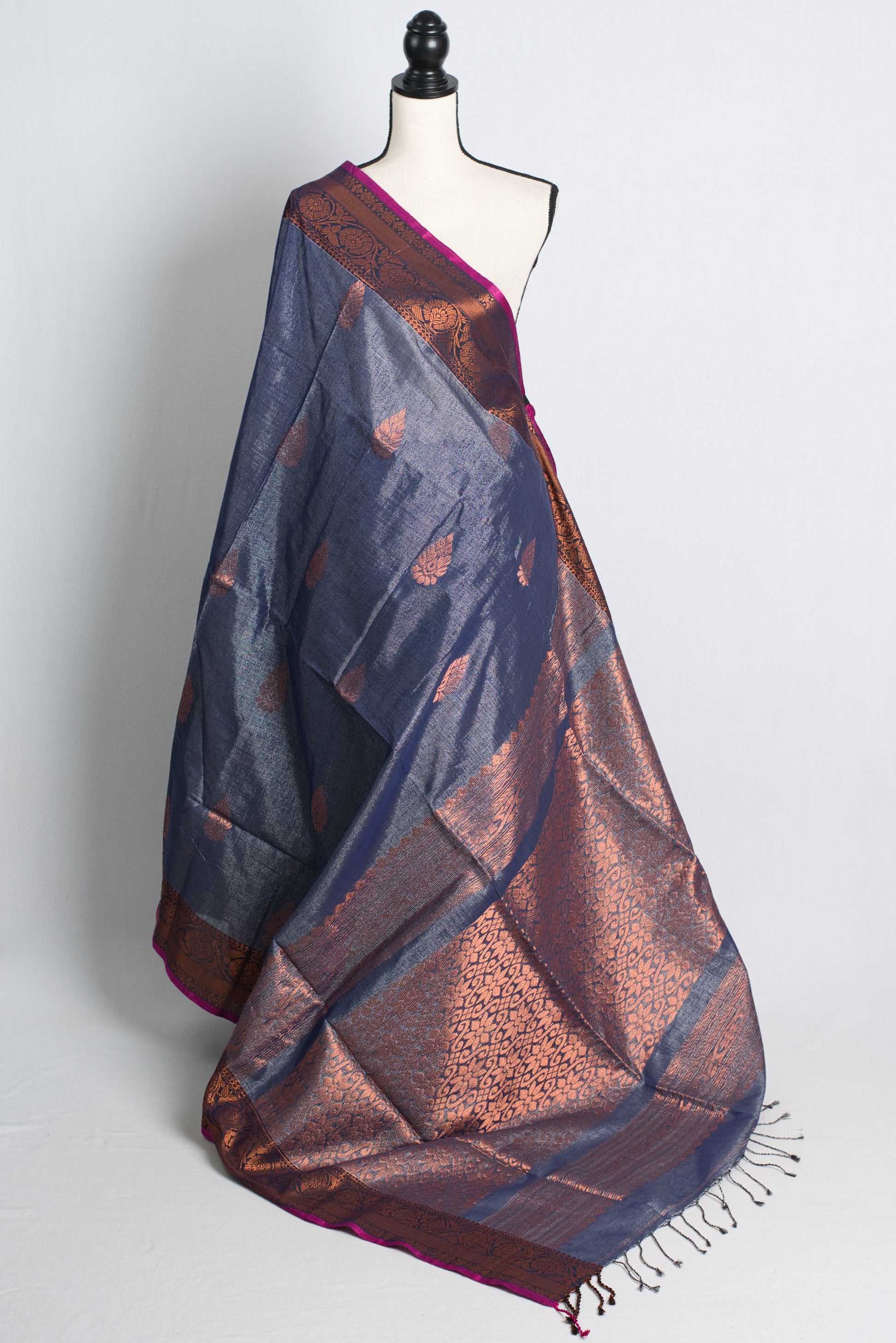 Tissue Cotton Banarasi Saree in Steel Gray and Black.