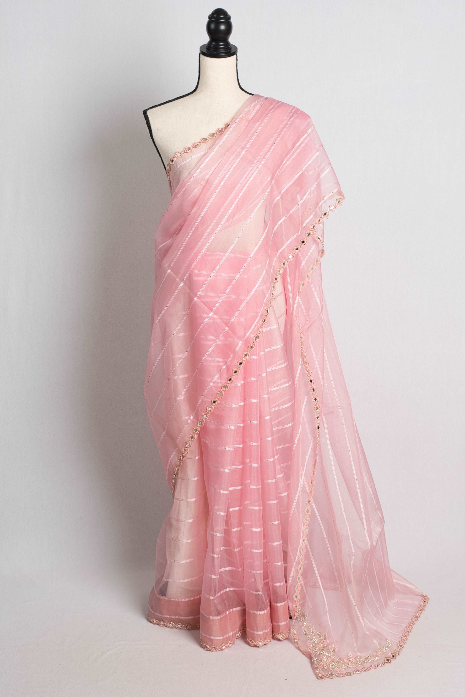 Mirror Work Embroidery Baby Pink Organza Saree with 38 Size Blouse