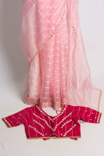 Mirror Work Embroidery Baby Pink Organza Saree with 38 Size Blouse