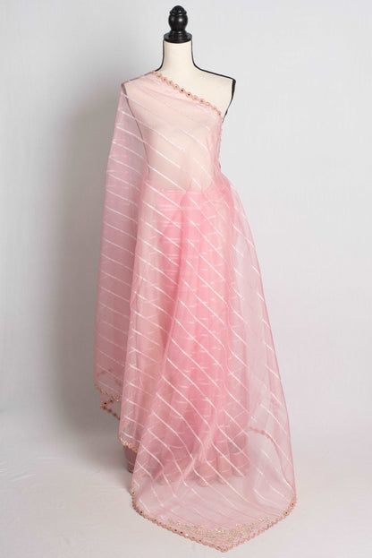 Mirror Work Embroidery Baby Pink Organza Saree with 38 Size Blouse