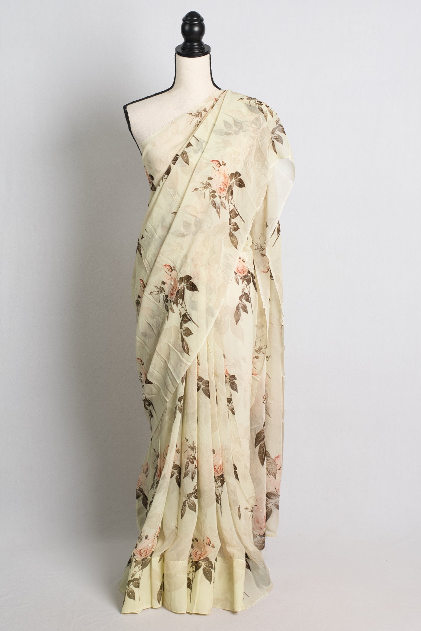 Floral Printed Georgette Saree with Sequins in Light Yellow.