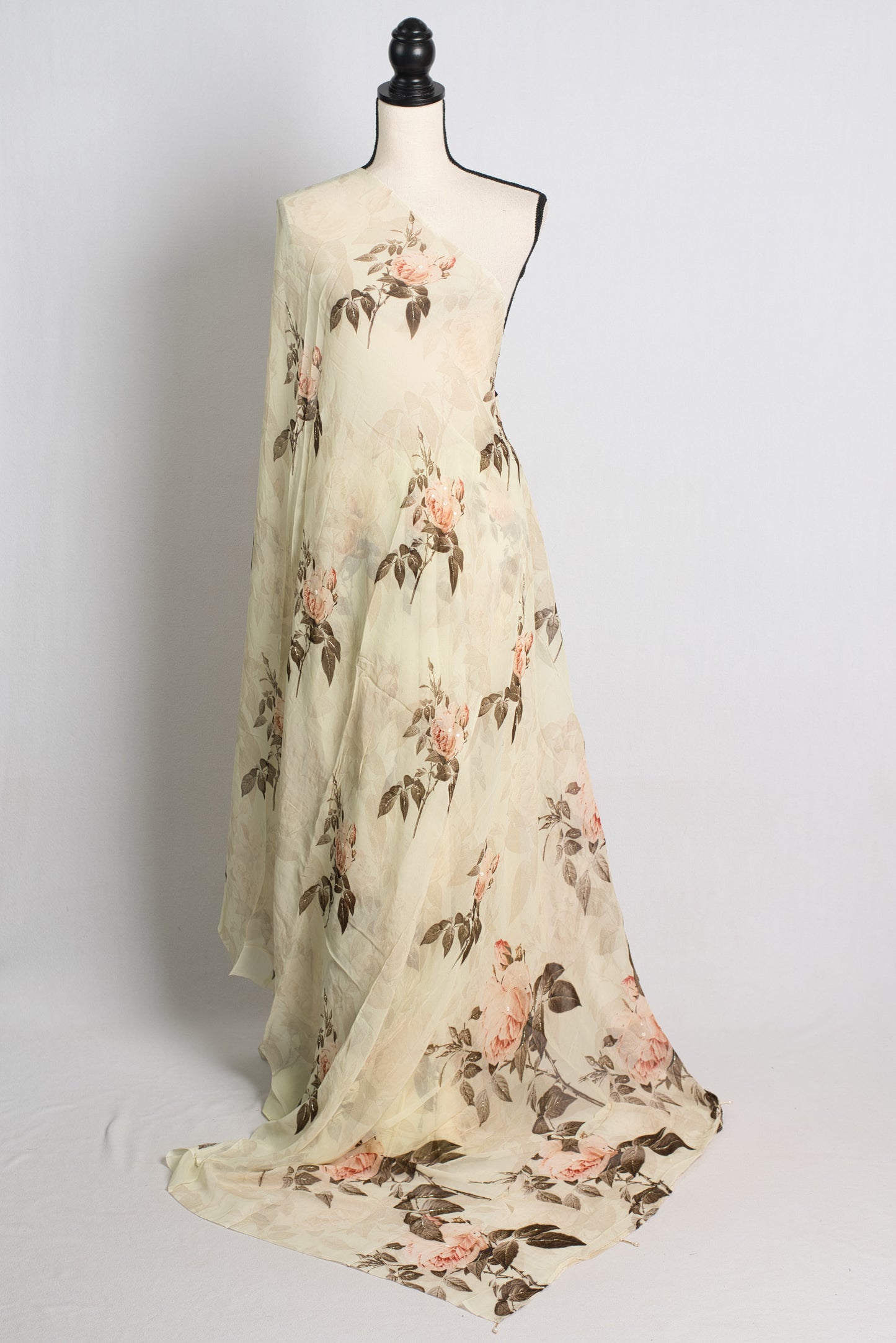 Floral Printed Georgette Saree with Sequins in Light Yellow.