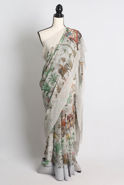 Grey Georgette Saree with Unique Prints Depicting a Hunting Scene.