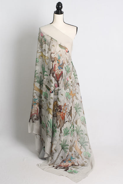 Grey Georgette Saree with Unique Prints Depicting a Hunting Scene.