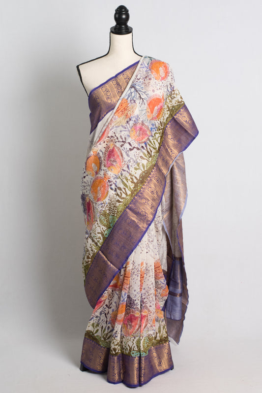 Chanderi Cotton Silk Banarasi Saree in White and Mauve.