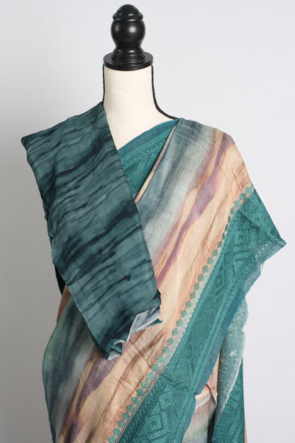 Blue Crepe Chiffon Saree with Chikankari Embroidery Border and Pallu.