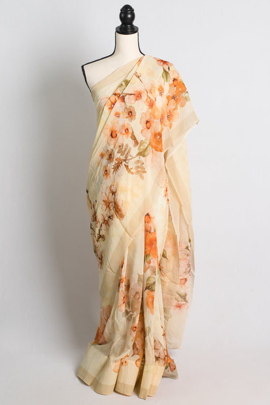 Light Yellow Floral Georgette Saree with Sequins Embellishment.