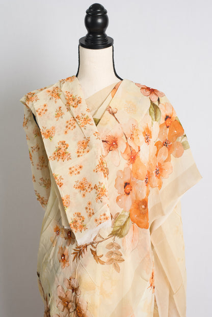 Light Yellow Floral Georgette Saree with Sequins Embellishment.