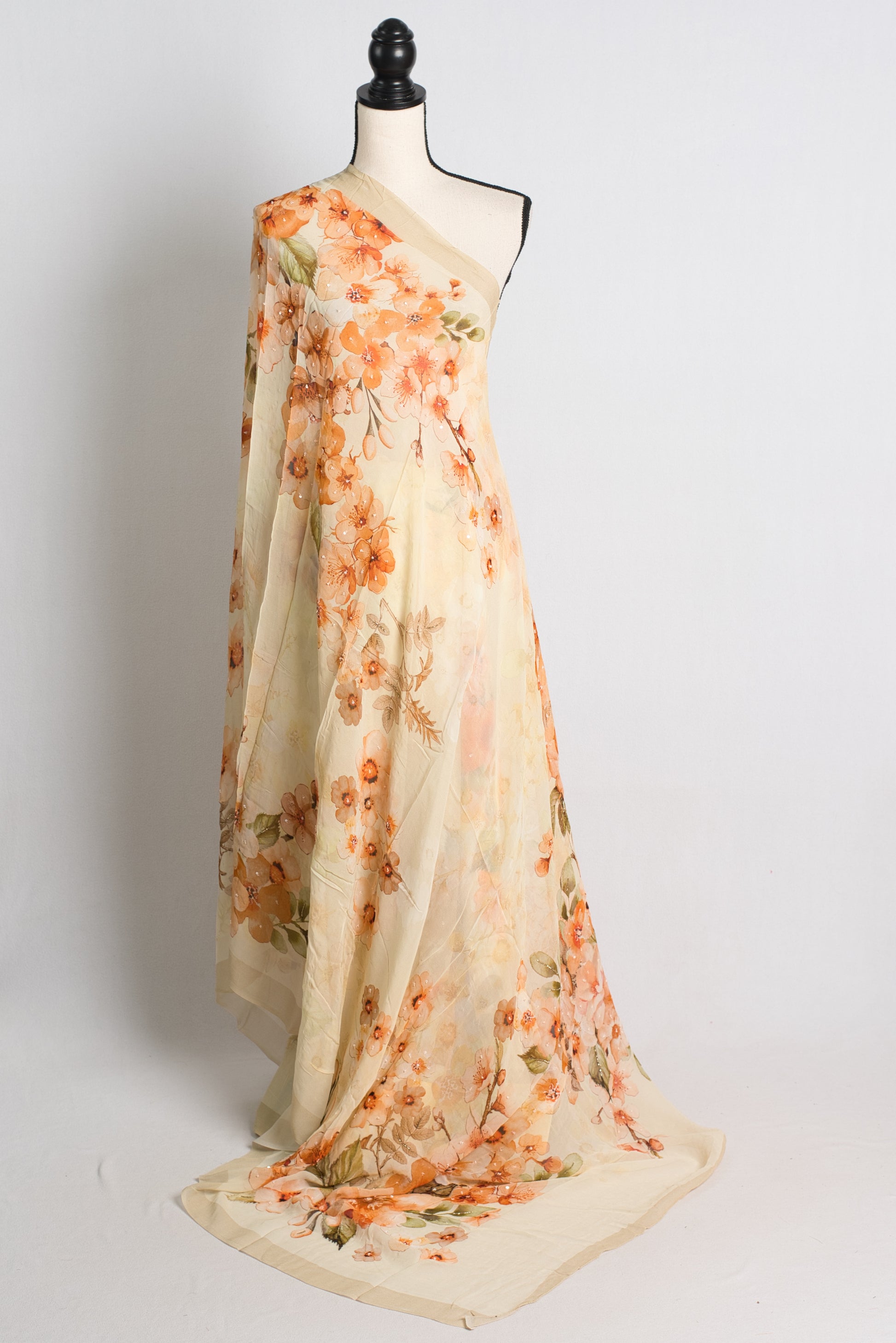 Light Yellow Floral Georgette Saree with Sequins Embellishment.