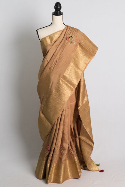 Dola Silk Banarasi Saree with French Knot Embroidery in Metallic Brown.