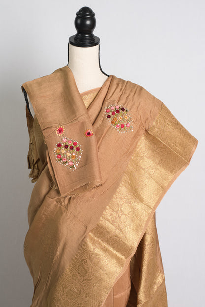 Dola Silk Banarasi Saree with French Knot Embroidery in Metallic Brown.