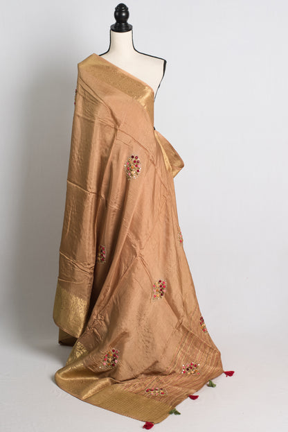 Dola Silk Banarasi Saree with French Knot Embroidery in Metallic Brown.