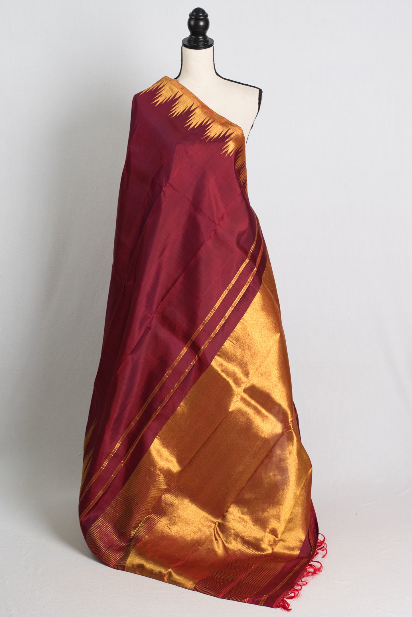 Temple Border Maroon Kanjivaram Silk Saree with Golden Zari.