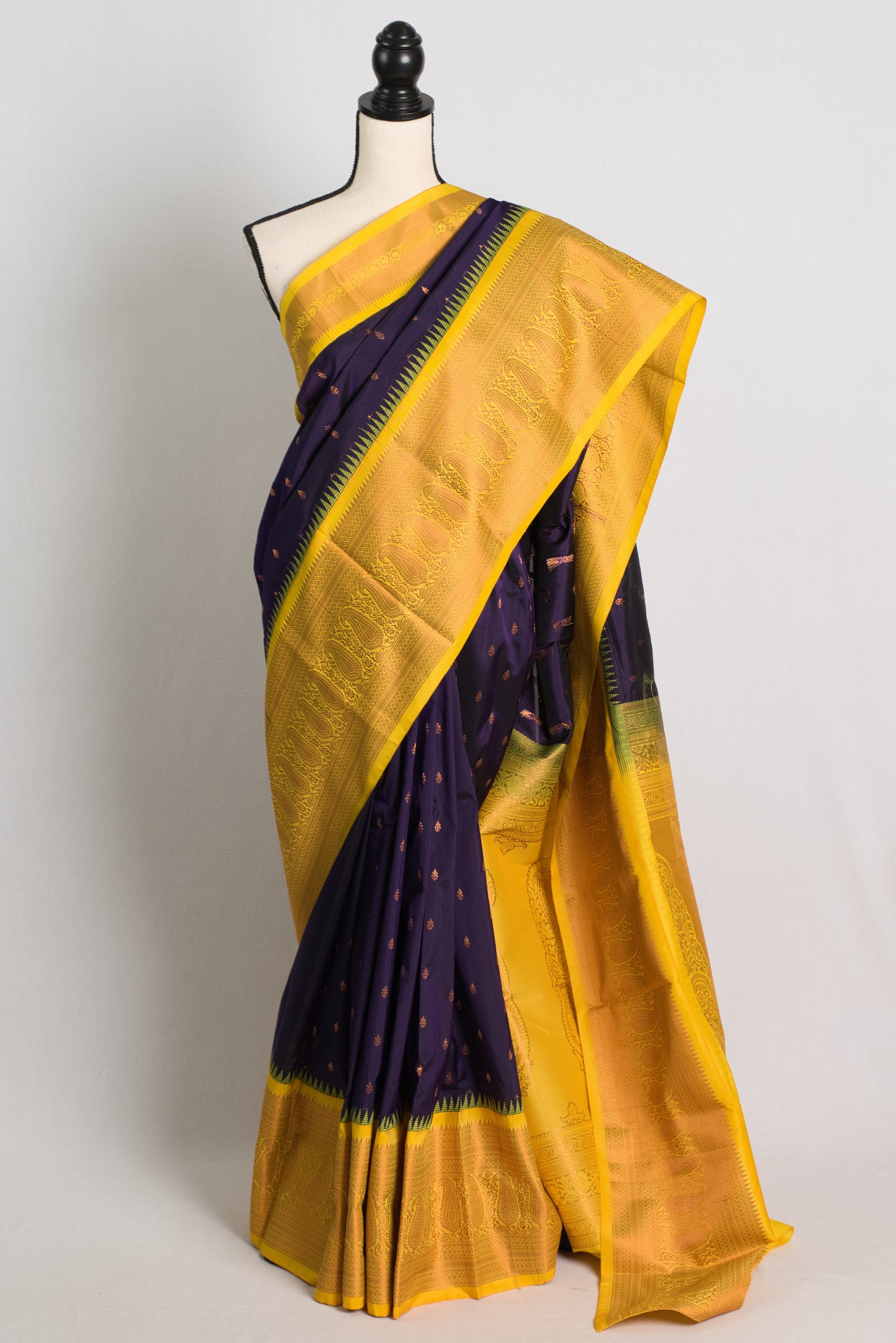 Blended Silk Kanchipuram Saree in Purple and Yellow.