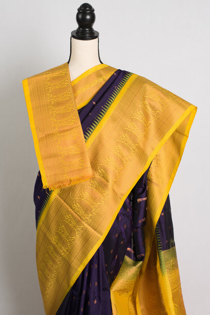 Blended Silk Kanchipuram Saree in Purple and Yellow.