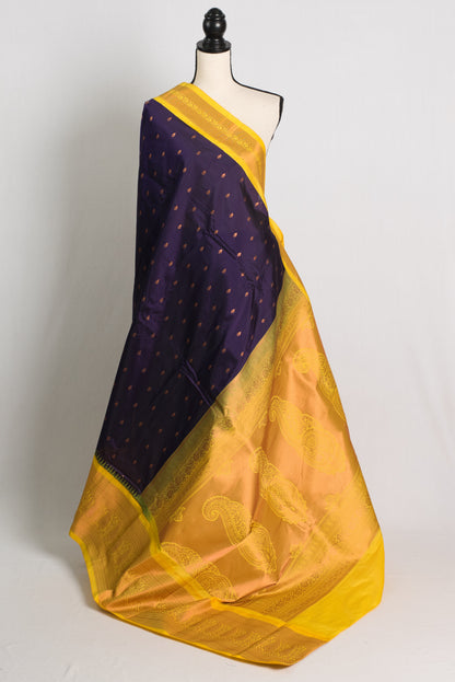 Blended Silk Kanchipuram Saree in Purple and Yellow.