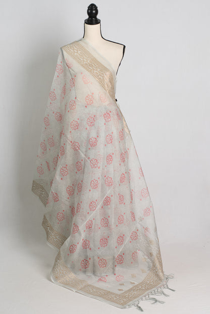 Grey Semi Organza Bandhani Saree with Zari Thread Embroidery Border.