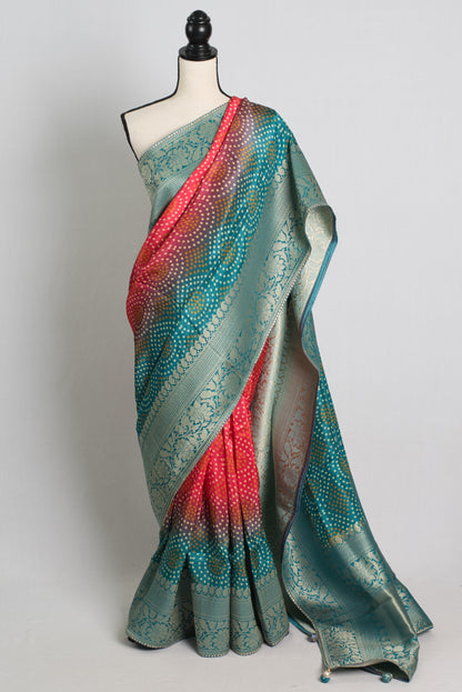 Bandhani Banarasi Saree in Pink, Blue and Water Gold.