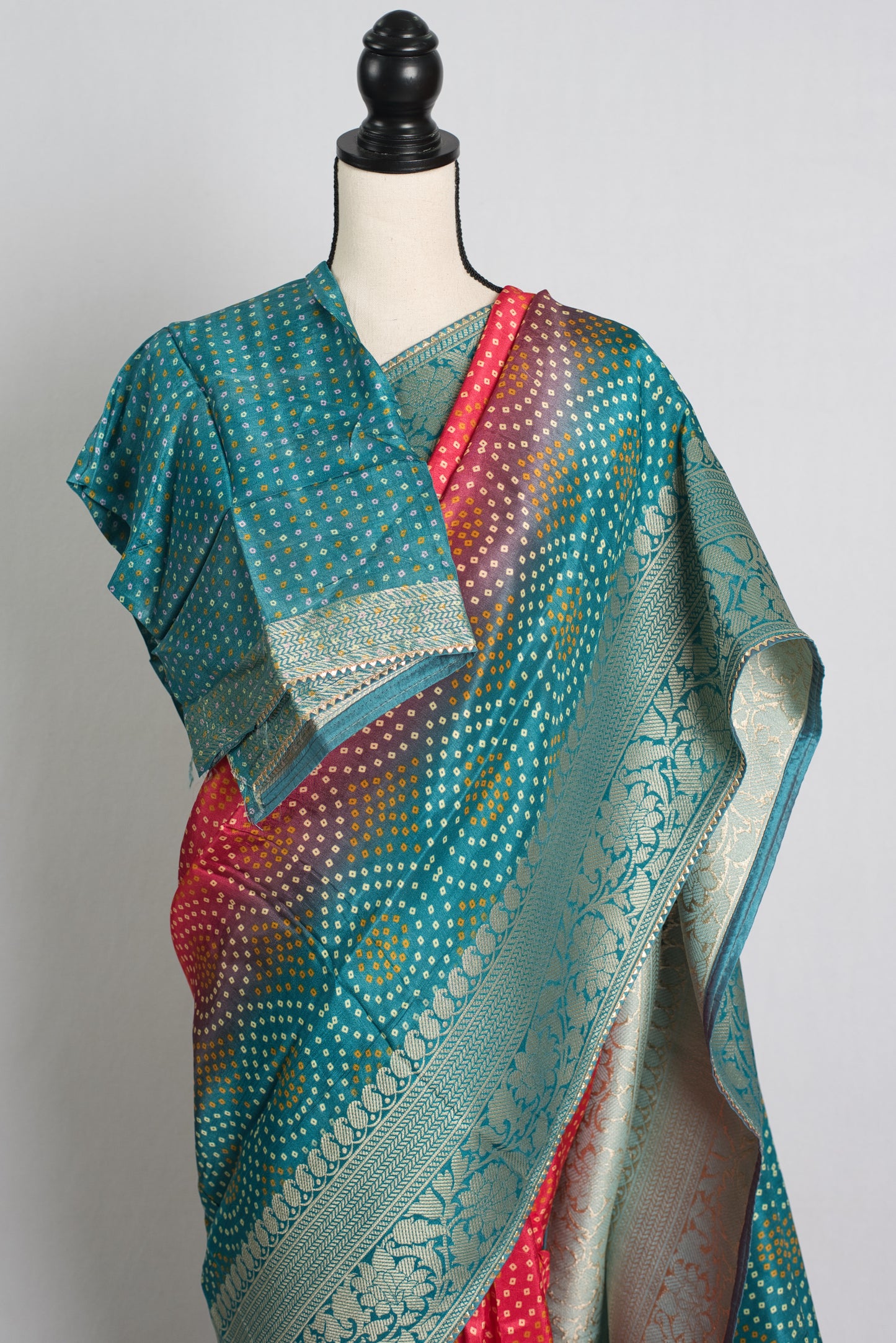 Bandhani Banarasi Saree in Pink, Blue and Water Gold.