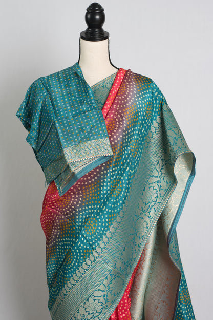 Bandhani Banarasi Saree in Pink, Blue and Water Gold.