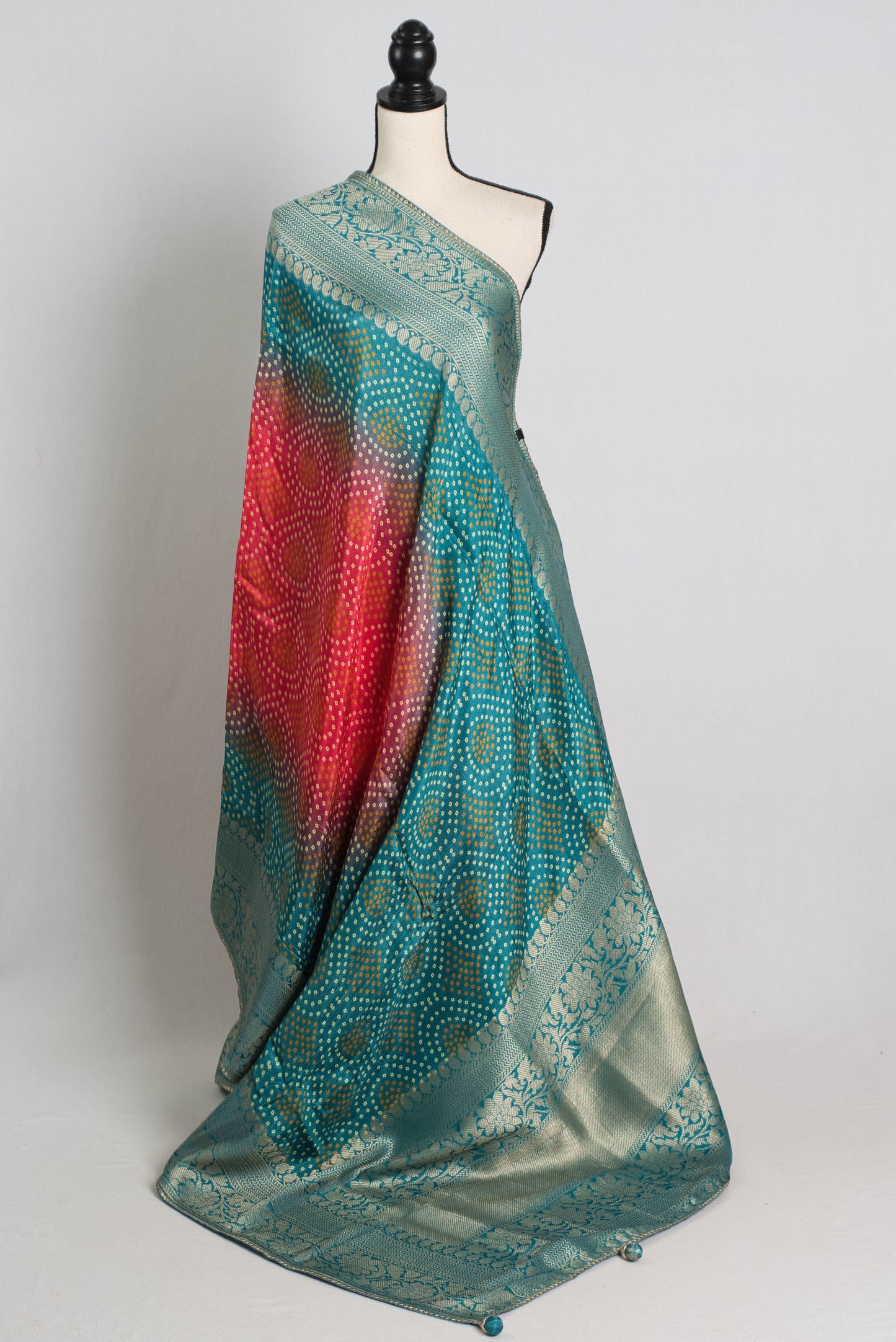 Bandhani Banarasi Saree in Pink, Blue and Water Gold.