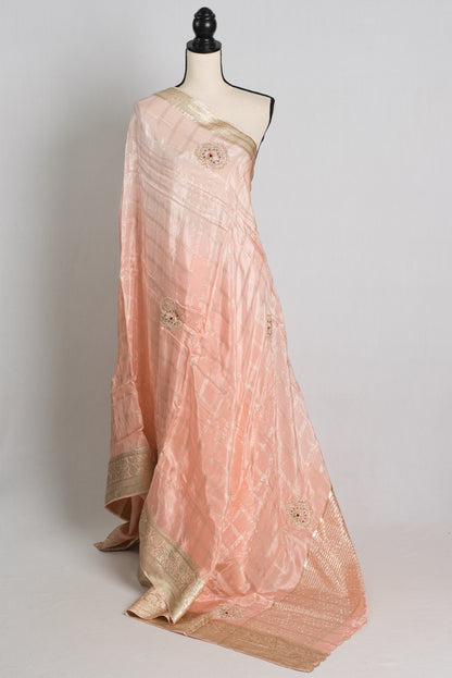 Gharchola Crepe Chinon Zardosi Embroidery Saree in Shaded Pink.