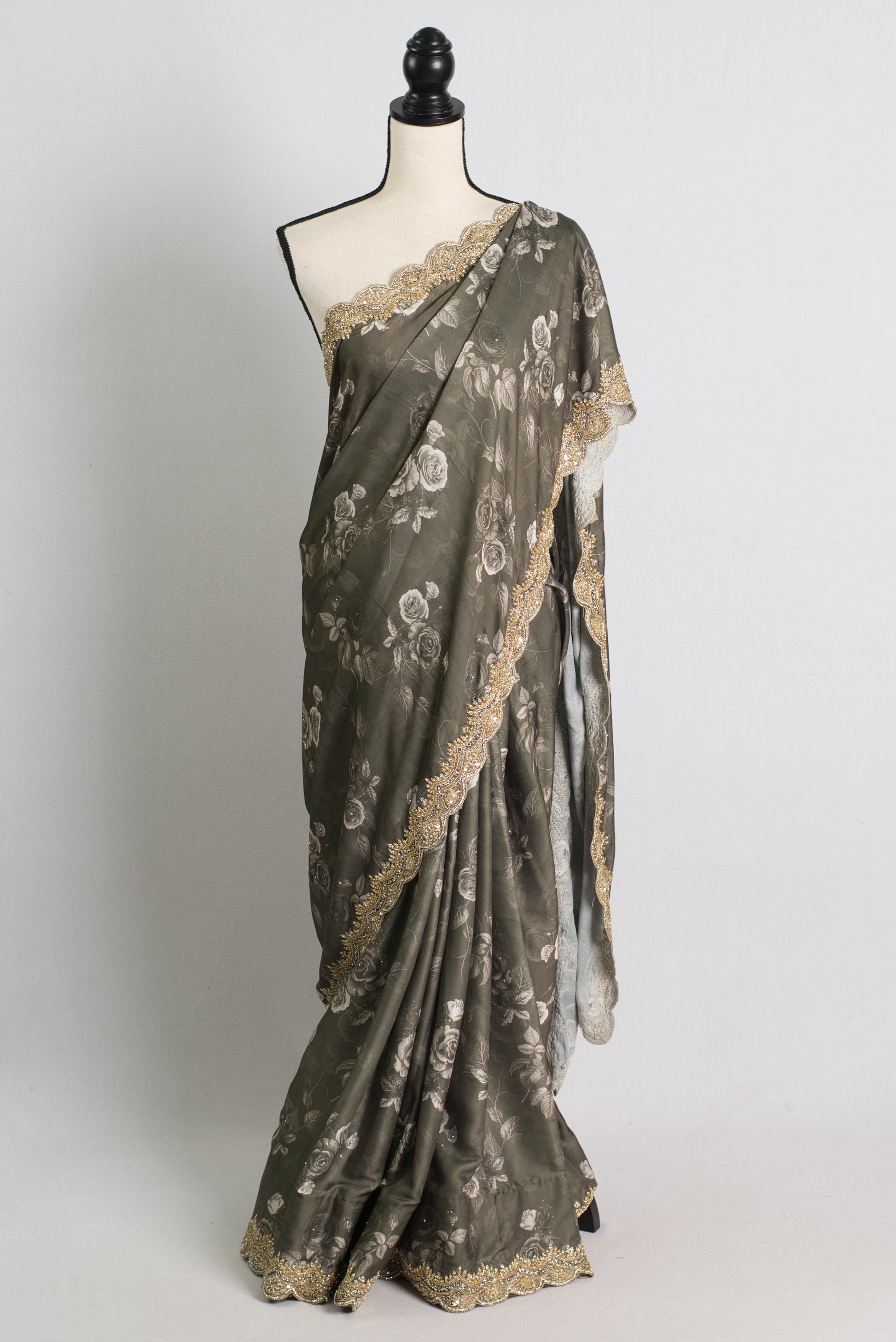 Embroidery Border Satin Silk Designer Saree in Moss Green.