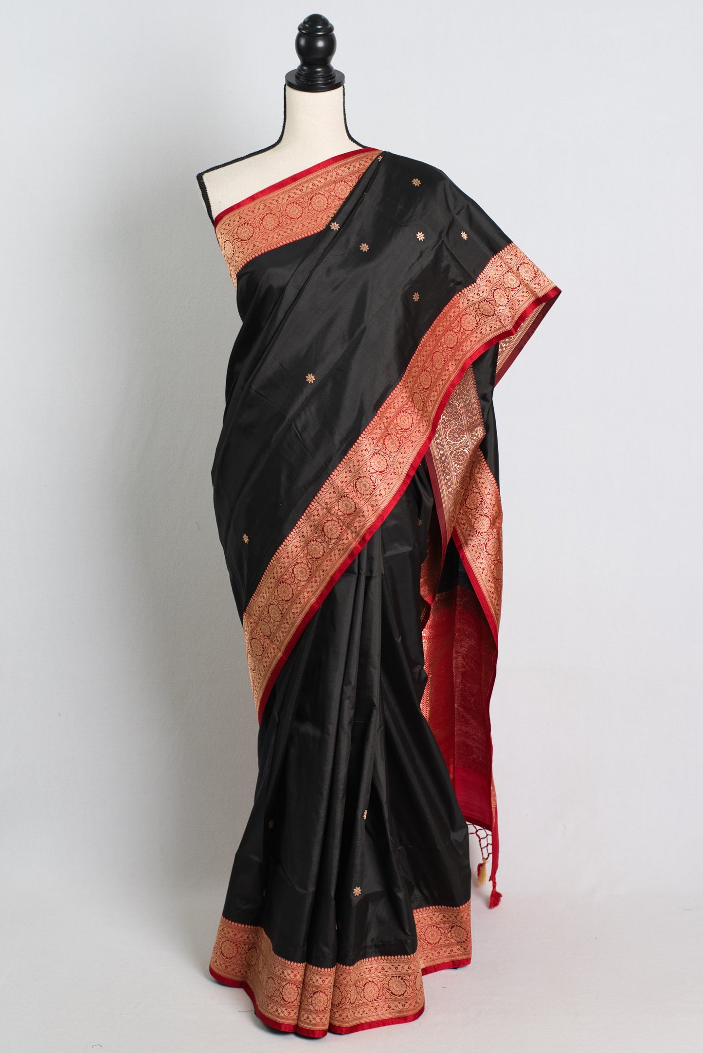 Silk Mark Certified Black Banarasi Silk Saree with Red and Gold