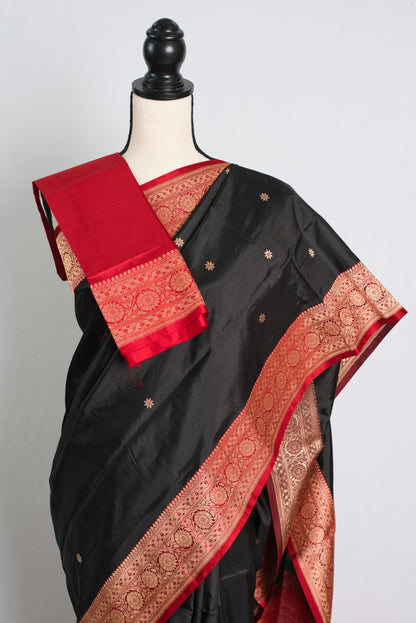 Silk Mark Certified Black Banarasi Silk Saree with Red and Gold