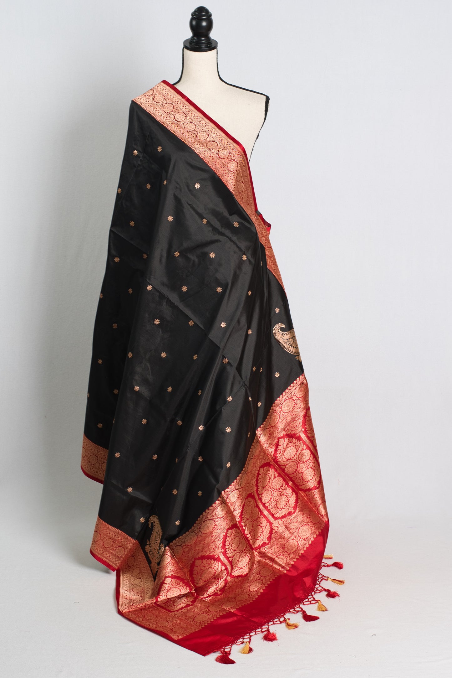 Silk Mark Certified Black Banarasi Silk Saree with Red and Gold