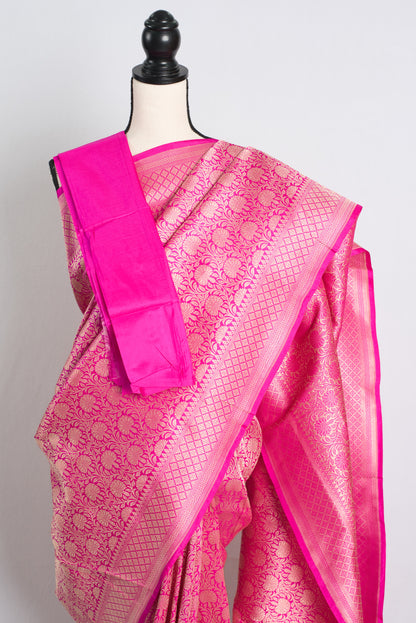 Silk Mark Certified Brocade Banarasi Saree in Bright Pink with Resham Zari