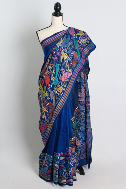 Silk Mark Certified Pure Silk Kantha Stitch Hand Embroidery Saree in Dark Blue