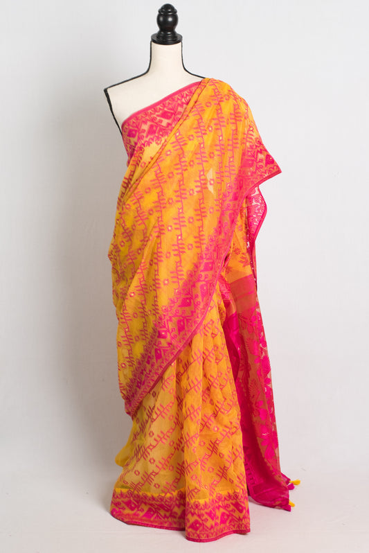 Soft Jamdani Saree in Yellow and Pink