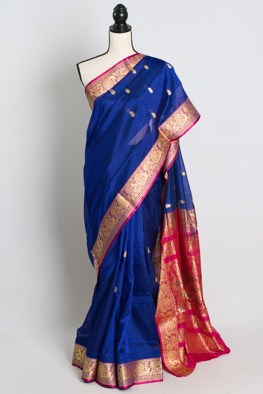 Silk Cotton Saree with 38 Size Stitched Blouse in Blue and Rani