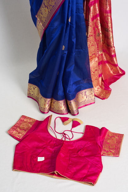 Silk Cotton Saree with 38 Size Stitched Blouse in Blue and Rani