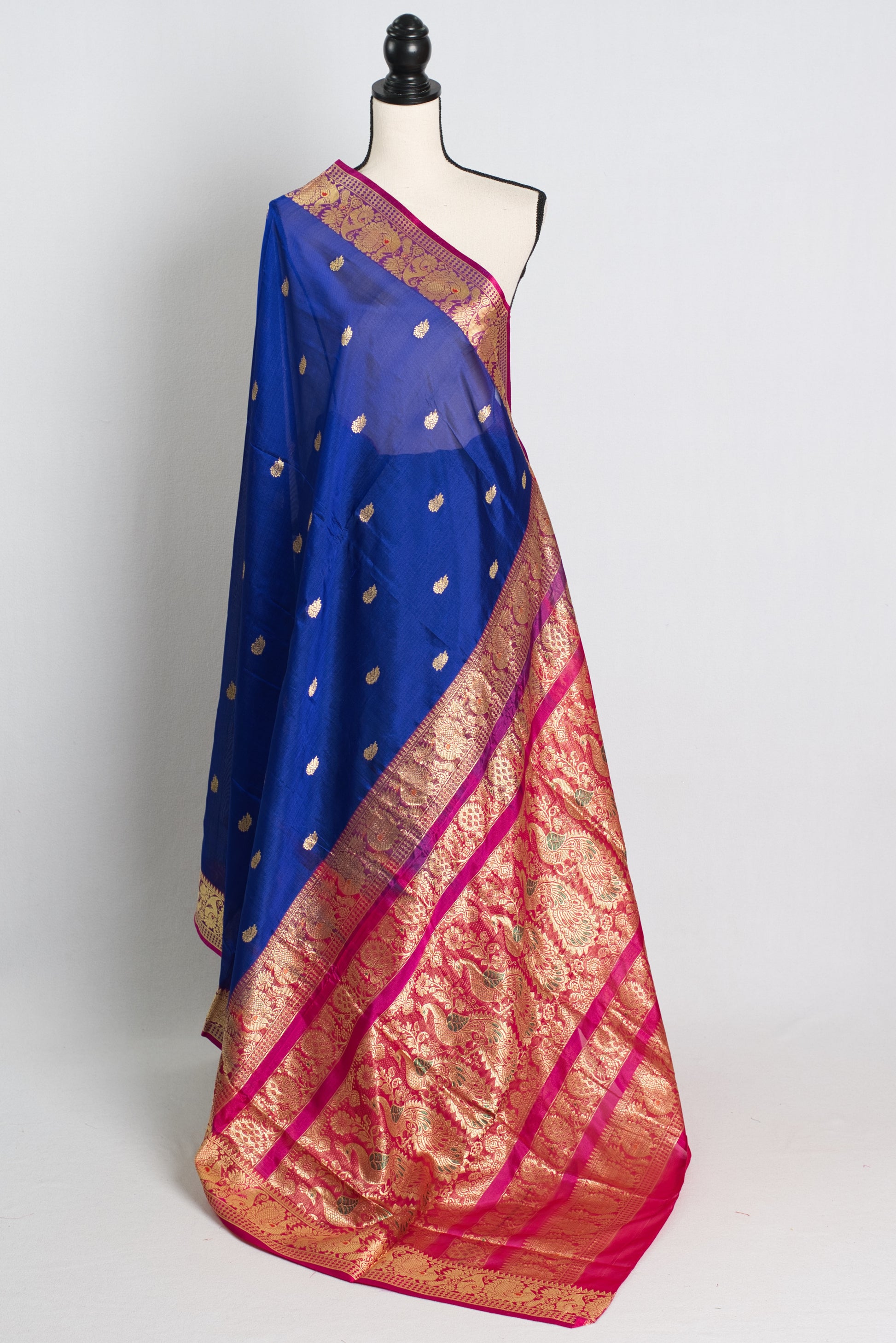 Silk Cotton Saree with 38 Size Stitched Blouse in Blue and Rani