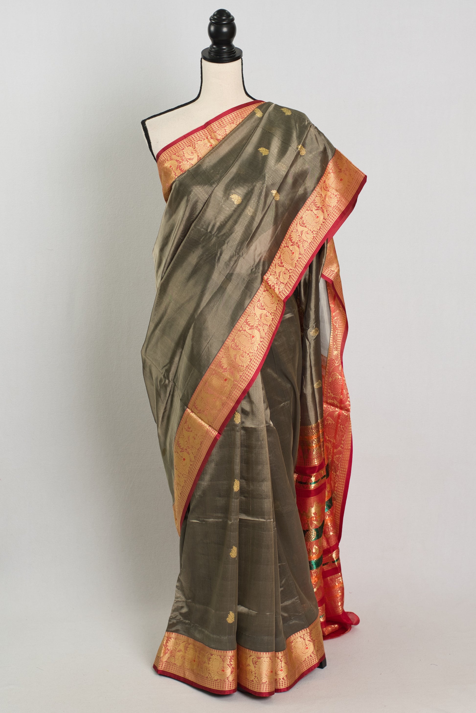 Silk Cotton Saree with 40 Size Stitched Blouse in Metallic Brown and Red