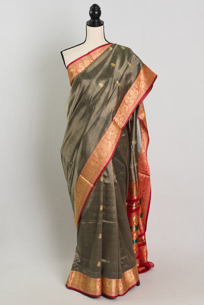 Silk Cotton Saree with 40 Size Stitched Blouse in Metallic Brown and Red