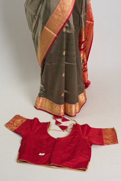 Silk Cotton Saree with 40 Size Stitched Blouse in Metallic Brown and Red