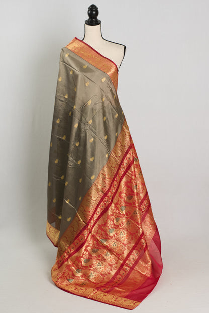 Silk Cotton Saree with 40 Size Stitched Blouse in Metallic Brown and Red