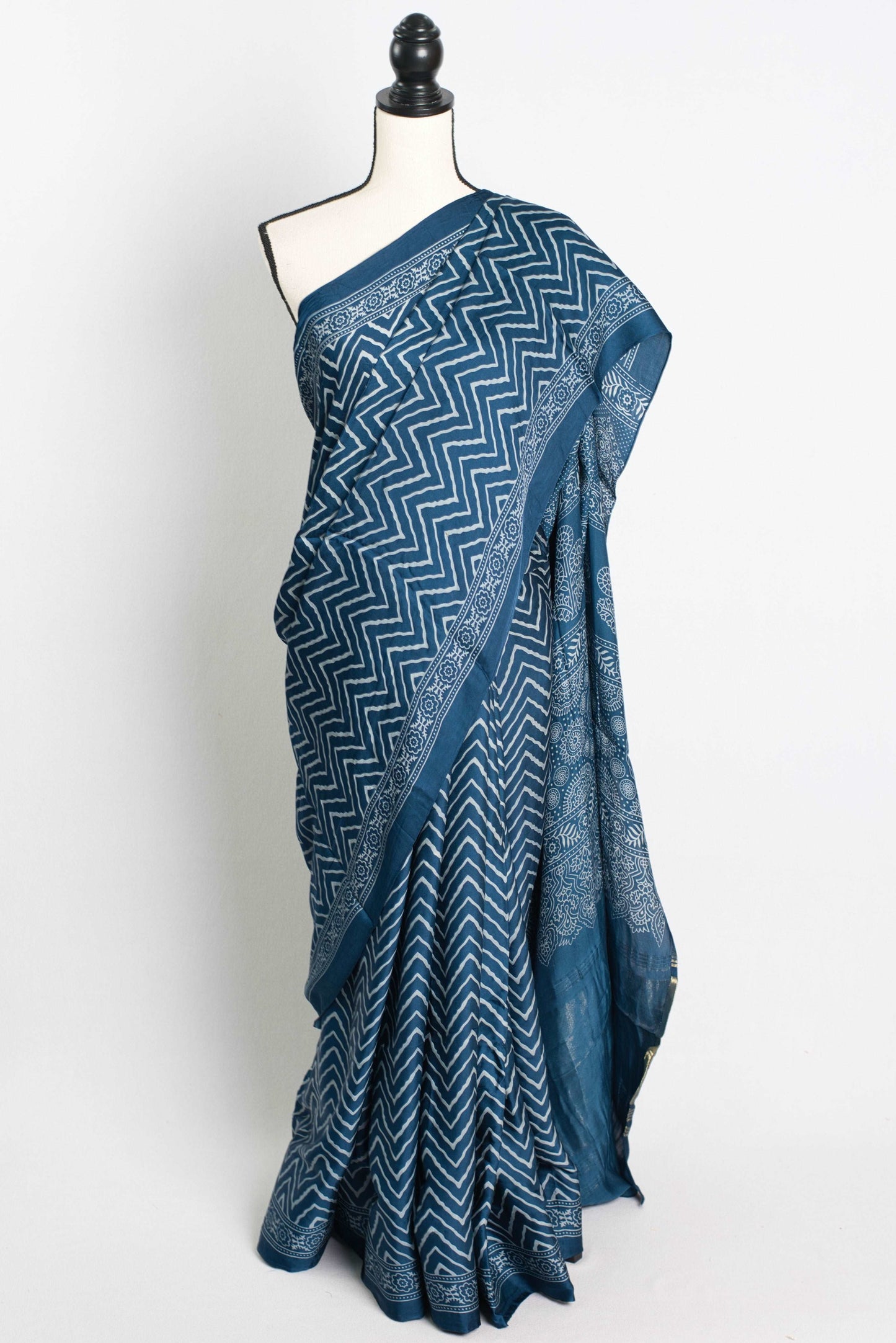 Modal Silk Leheriya Ajrakh Saree with Tissue Pallu in Blue