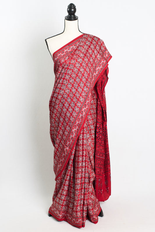 Pure Modal Silk Ajrakh Saree in Red.