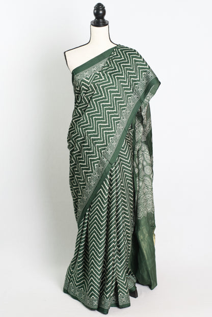 Modal Silk Leheriya Ajrakh Saree with Tissue Pallu in Green.