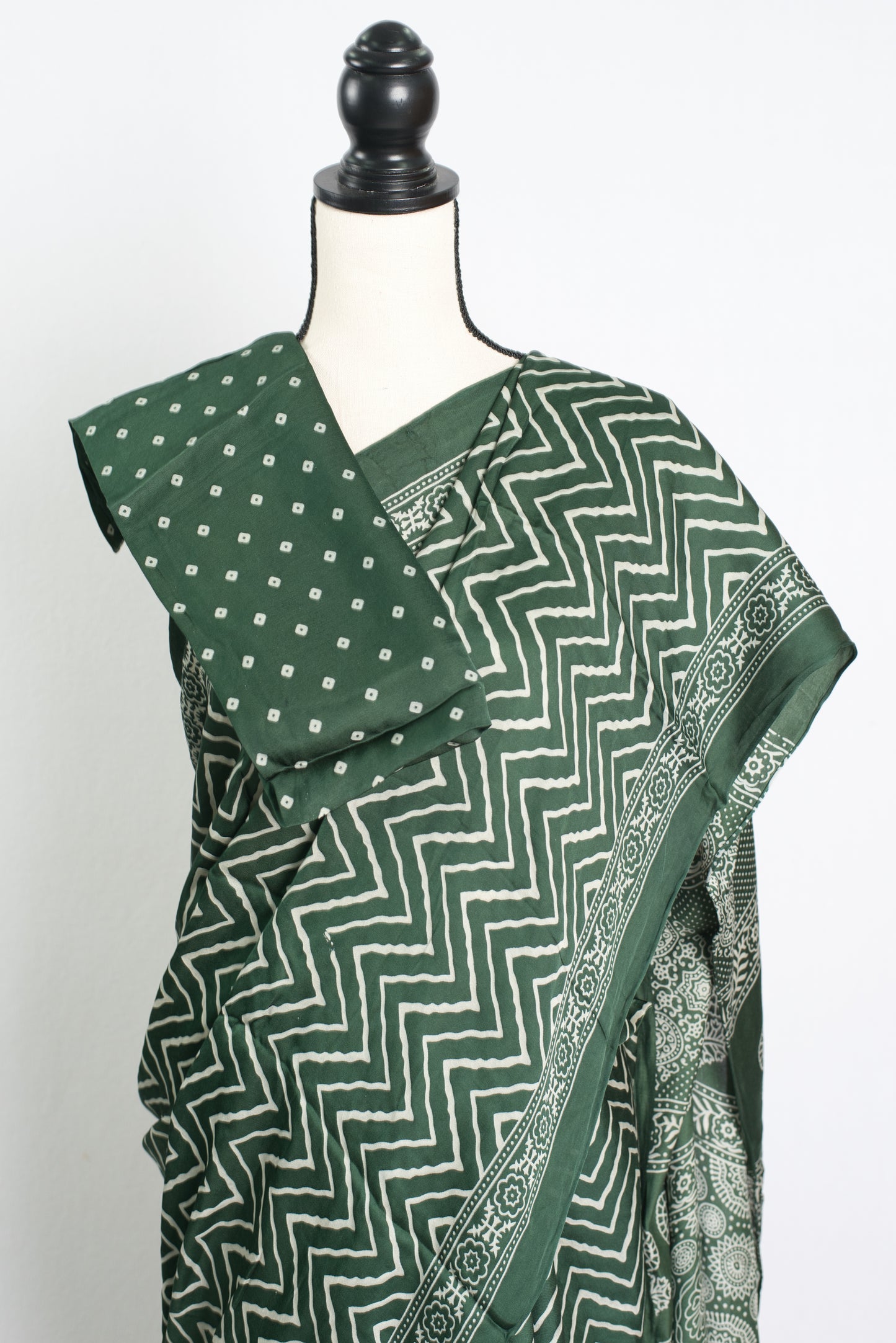 Modal Silk Leheriya Ajrakh Saree with Tissue Pallu in Green.