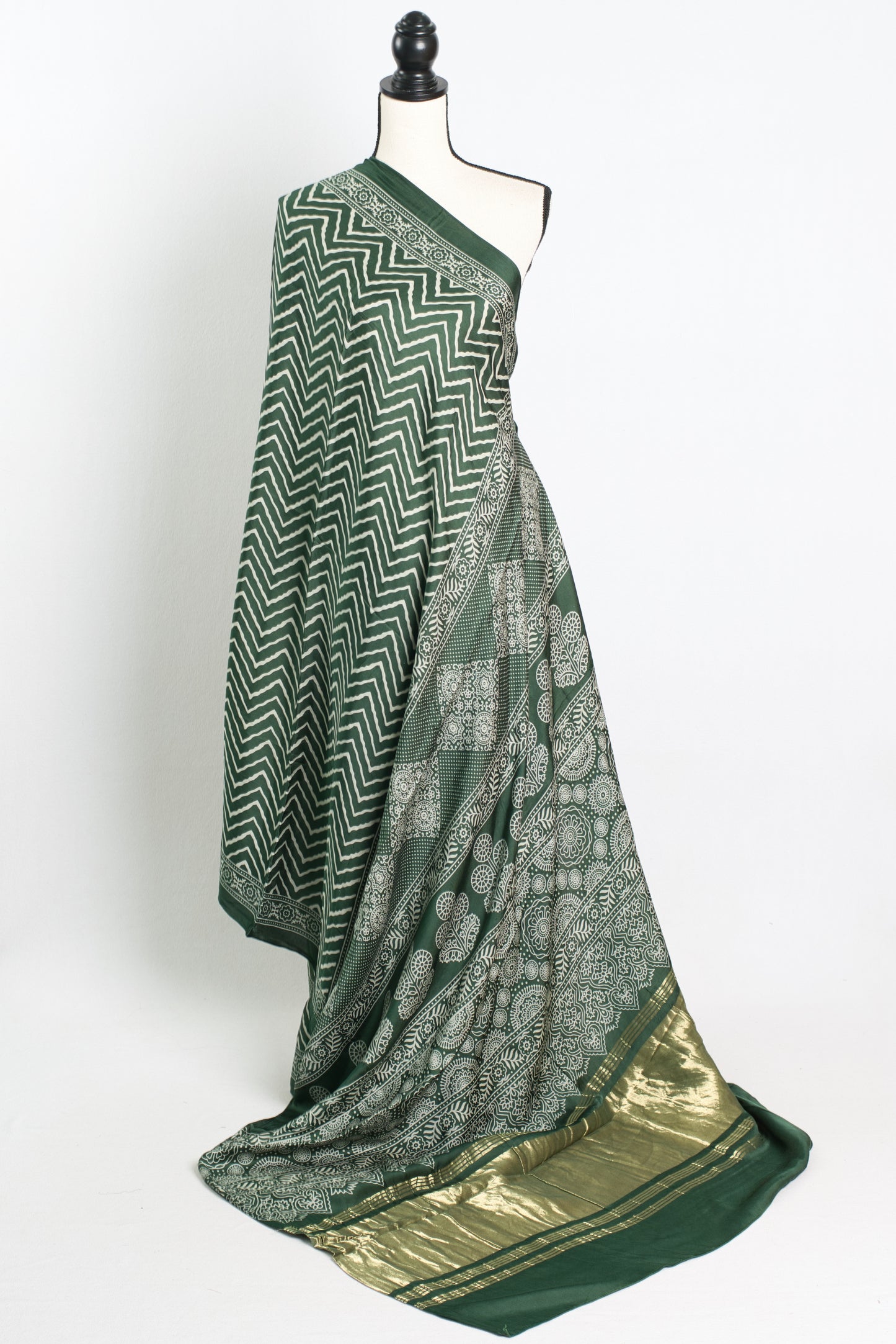 Modal Silk Leheriya Ajrakh Saree with Tissue Pallu in Green.