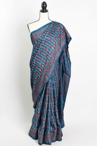 Modal Silk Blue Ajrakh Saree